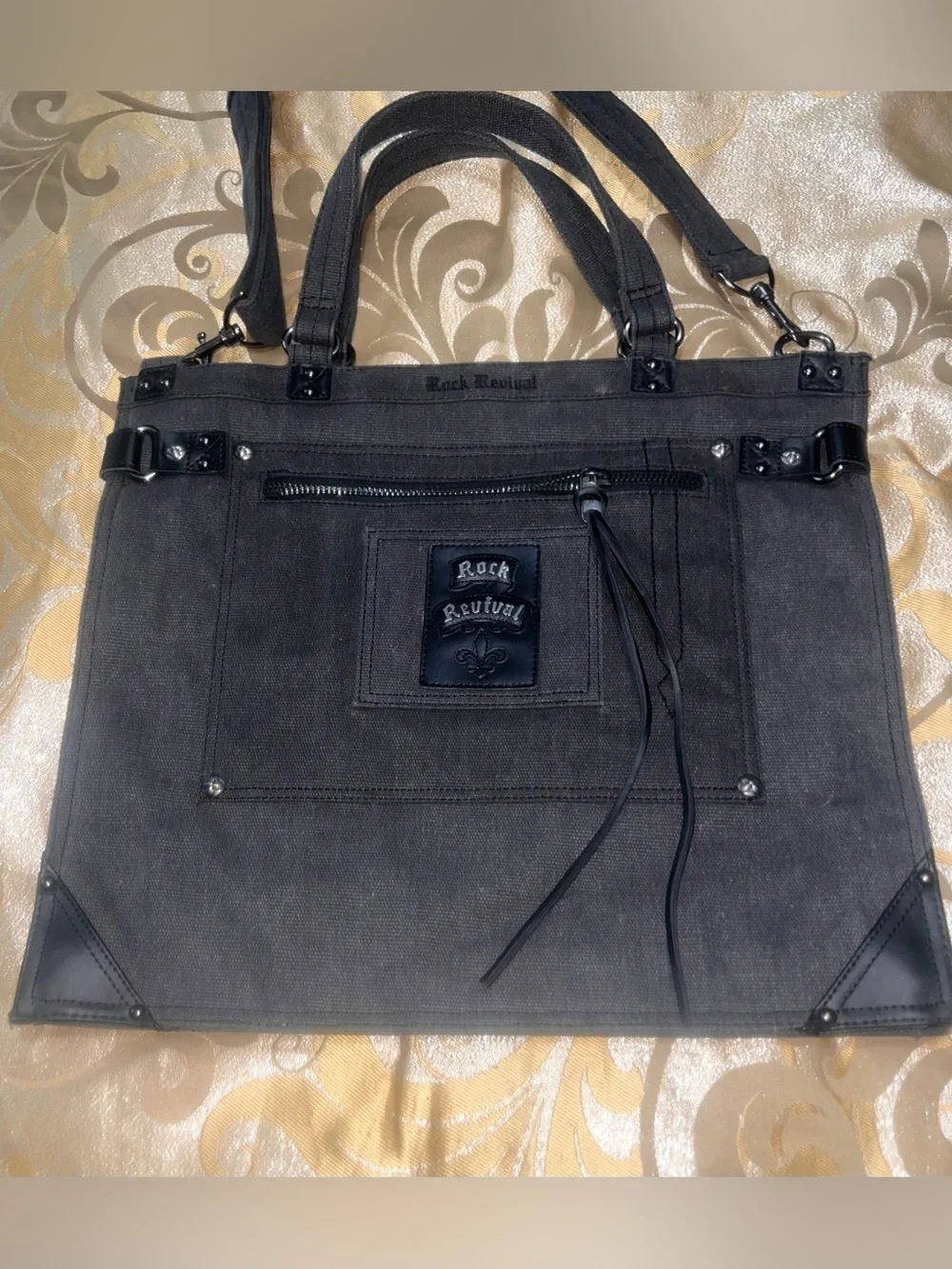 NWOT Rock Revival GRAY  Black Denim Canvas Messenger Crossbody Tote Bag